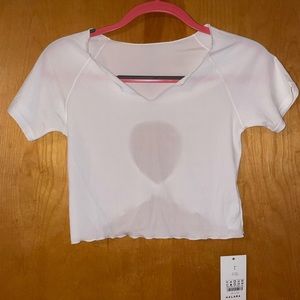 Halara Top - Ribbed Crop, Keyhole Back, White, Ribbon Hem